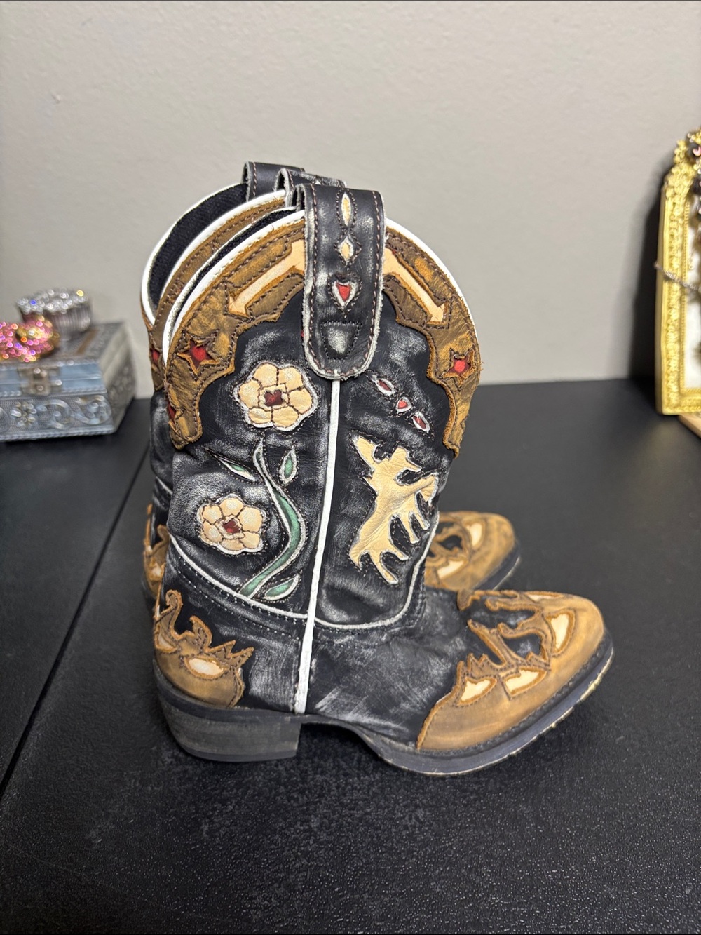 Dan Post Girls Kids Black Tan Western Cowboy Boots Cowgirl 9 1/2 Hiae